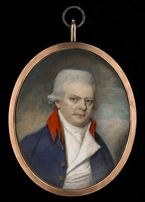George Place, Portrait miniature of a Gentleman, wearing blue coat with red collar, white waistcoat and stock, late 18th century