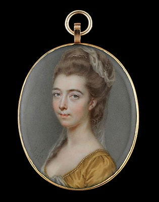 John Smart, Portrait miniature of a Lady, wearing a gold dress lined with pearls, her upswept hair entwined with plaits and decorated with pearls and a white gauze veil, 1776