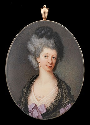 Samuel Cotes, Portrait miniature of a Lady wearing pale pink dress and black lace shawl, feathers in her powdered hair, late 18th century
