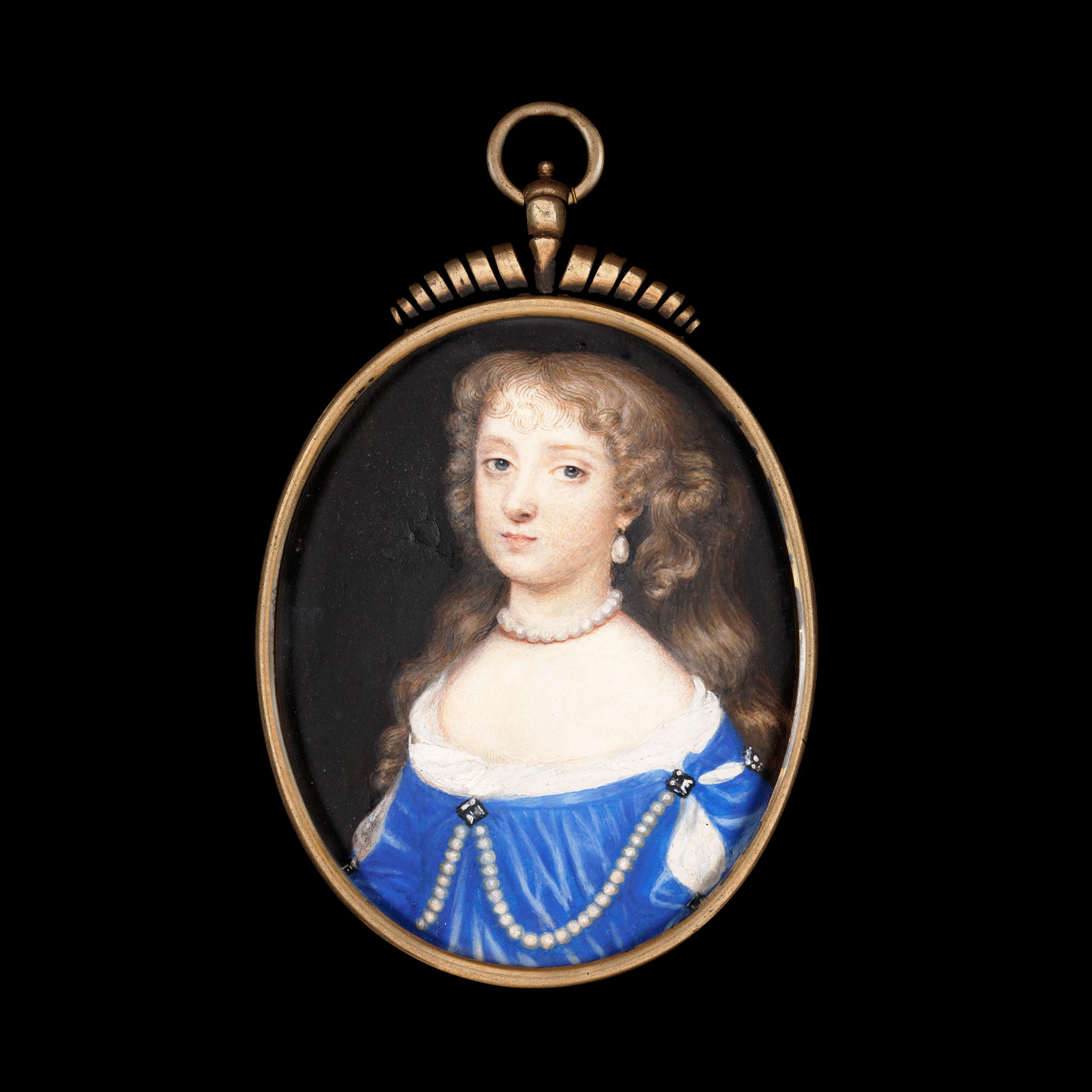 Richard Gibson, A Lady, wearing blue dress over white chemise, with looped pearls and diamonds, her blonde hair curled and worn loose, c. 1665