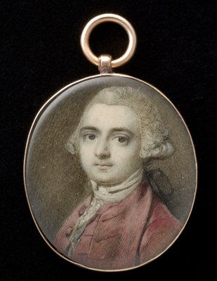 Richard Cosway, Portrait miniature of a Gentleman, wearing pinkish-red coat, with matching waistcoat and white lace stock, his hair powdered and worn en queue with black ribbon, 1760s