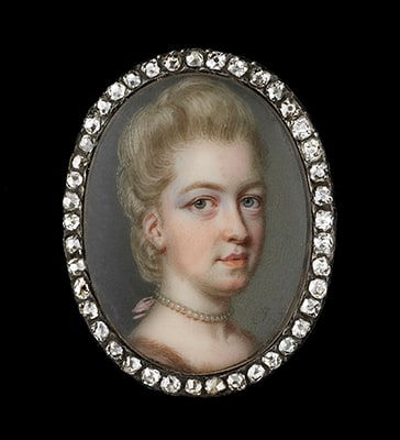 John Smart, Portrait miniature of a Lady, probably Lady Lucy Douglas (née Graham) (1751-80), wearing fur-trimmed dress with pearl choker tied at the back with pink ribbon, her powdered hair upswept, 1770s