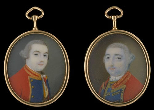 John Smart, A pair of portrait miniatures of the Morgan brothers. wearing faux military attire, 1760 and 1762