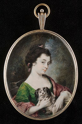 Luke Sullivan, Portrait miniature of Catherine Maria (Kitty) Fisher (1741?-67) holding a small dog, wearing a green dress, with a pink drape and ribbons in her hair, 1763