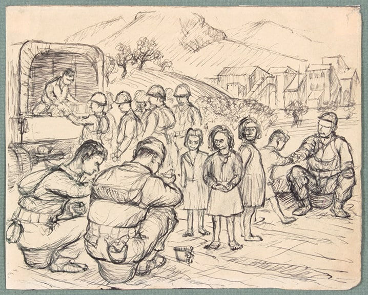 Philip Pearlstein, Untitled (Sitting on Helmets), 1943-46