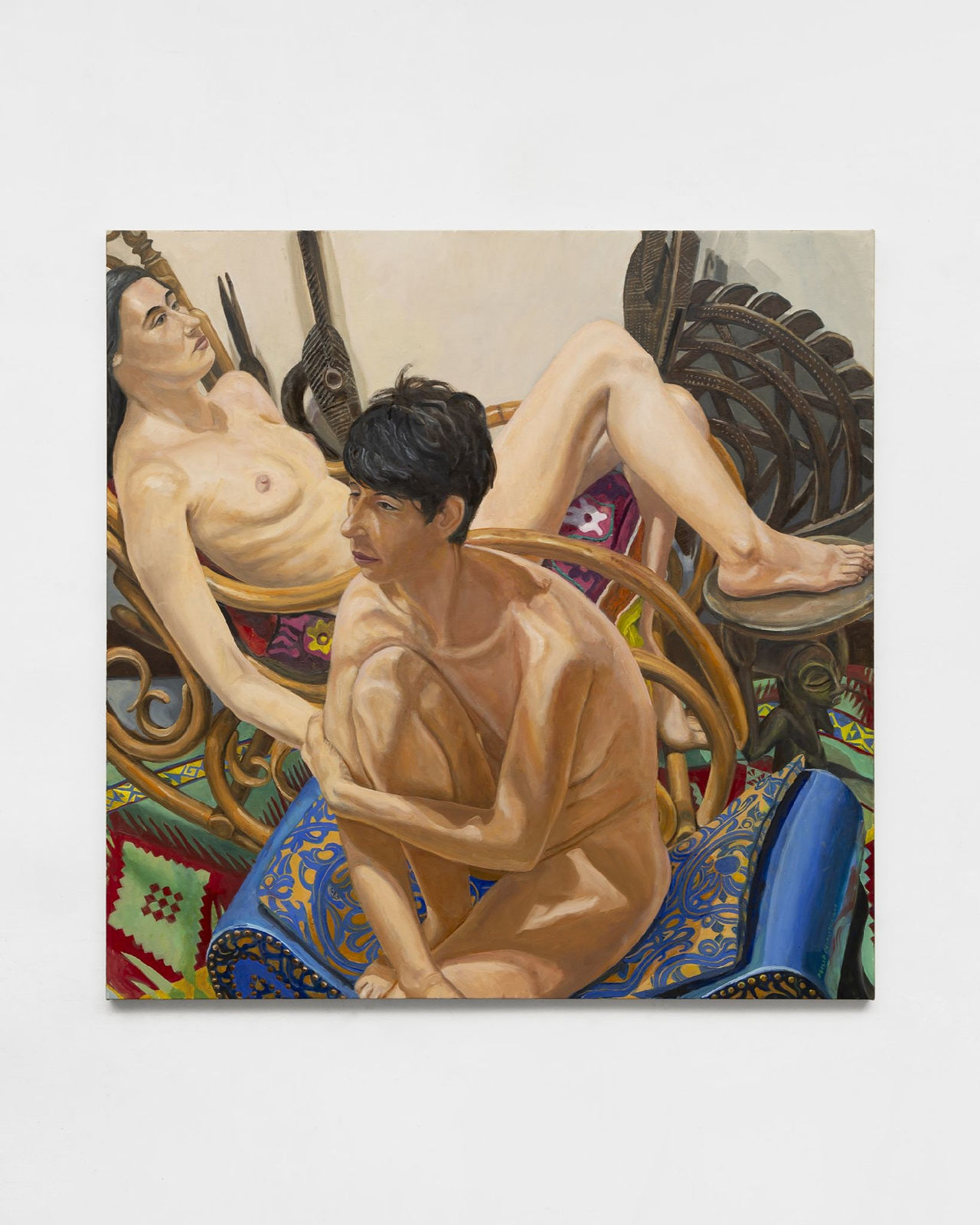 Philip Pearlstein, Two Models with Two African Antelope Headdresses, 2019