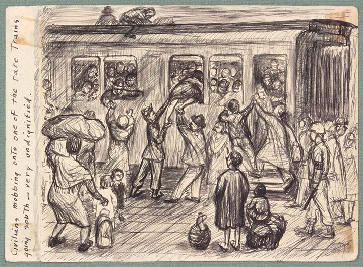 Philip Pearlstein, Untitled (Mobbying the Train in Naples), 1945