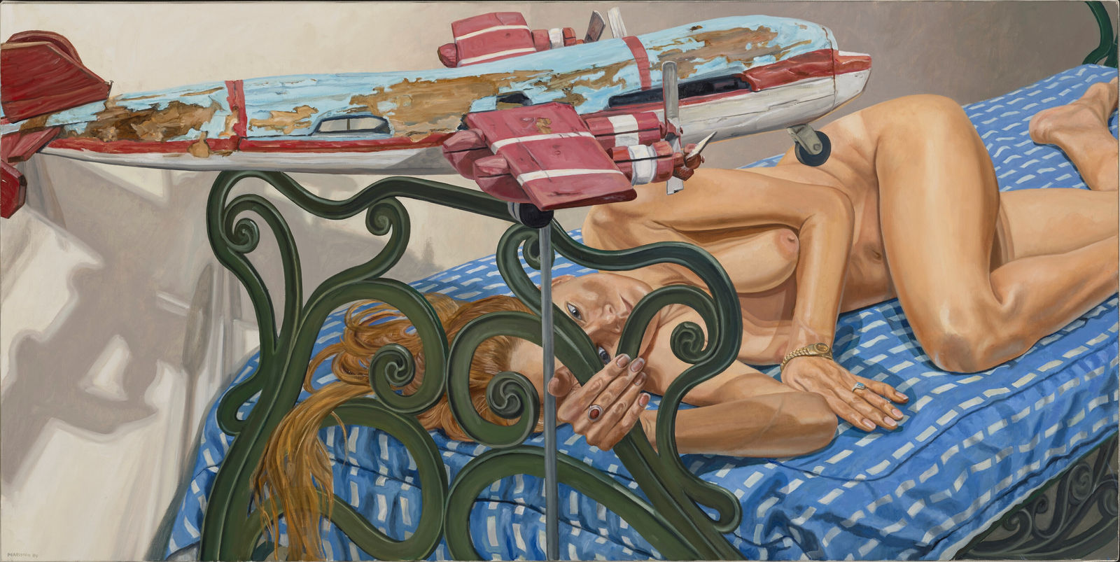 Philip Pearlstein, Model on Cast Iron Bed with Weathervane Airplane, #1, 2004