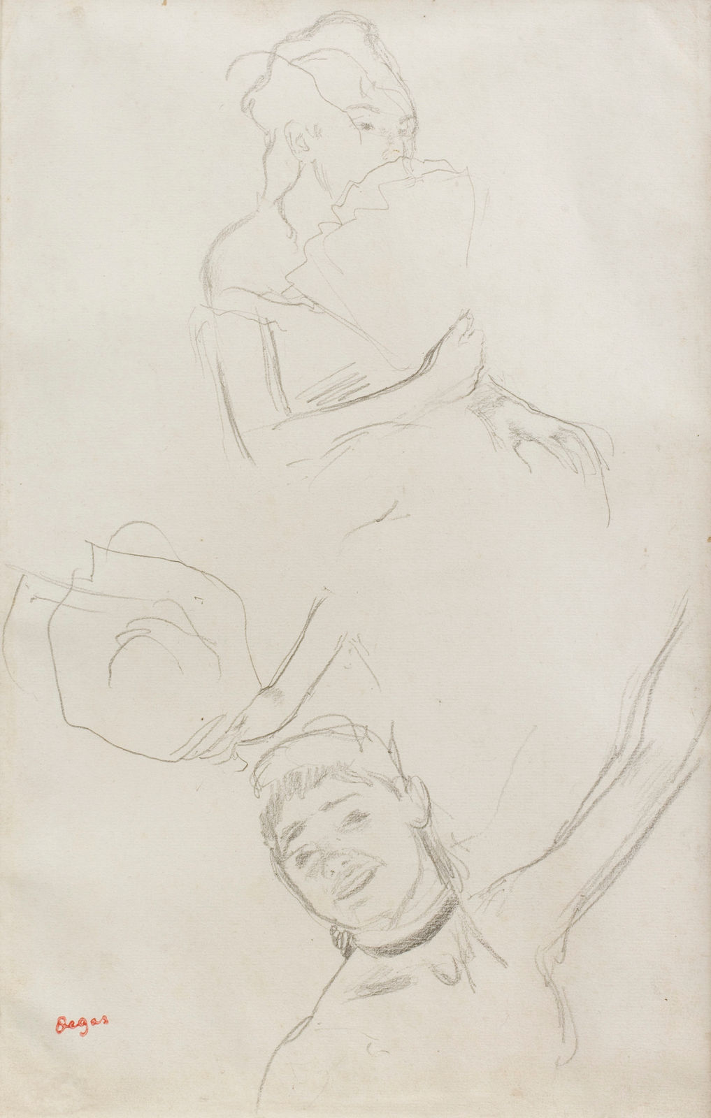 Edgar Degas, Études: Femme à l'Evantail, Main tenant un Bouquet, Buste de Danseuse, 1876-80, c.