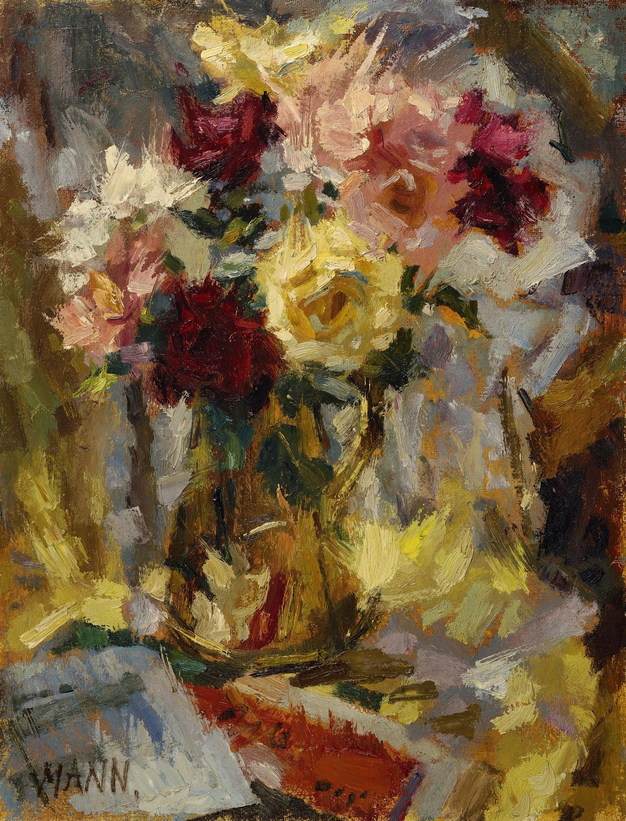 Cyril Mann, Sunlit Roses in a Brass Jug, 1963