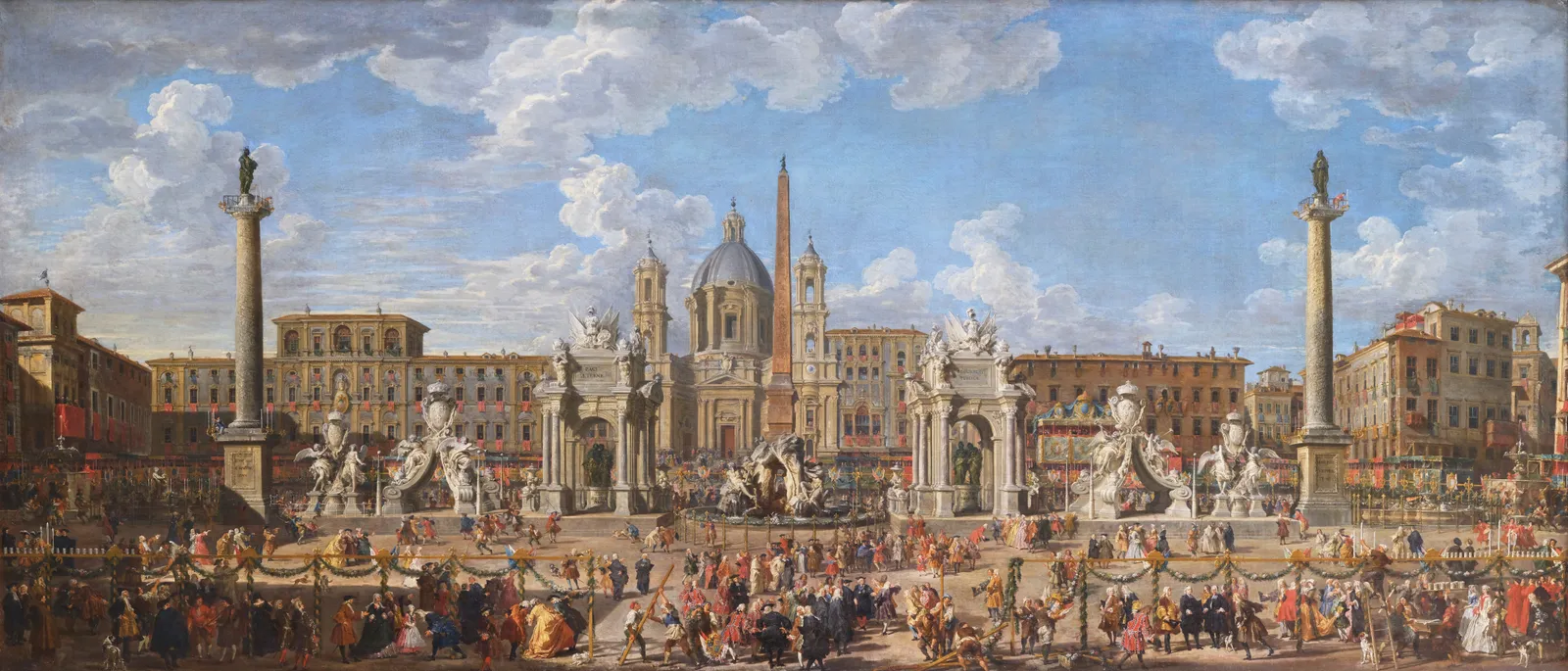 Jacques DUMONT called LE ROMAIN (Paris 1701 - 1781), Preparations for the fireworks display held in Piazza Navona in Rome on November 30, 1729, for the birth of the Dauphin, son of Louis XV, after PANINI, 1732-1735