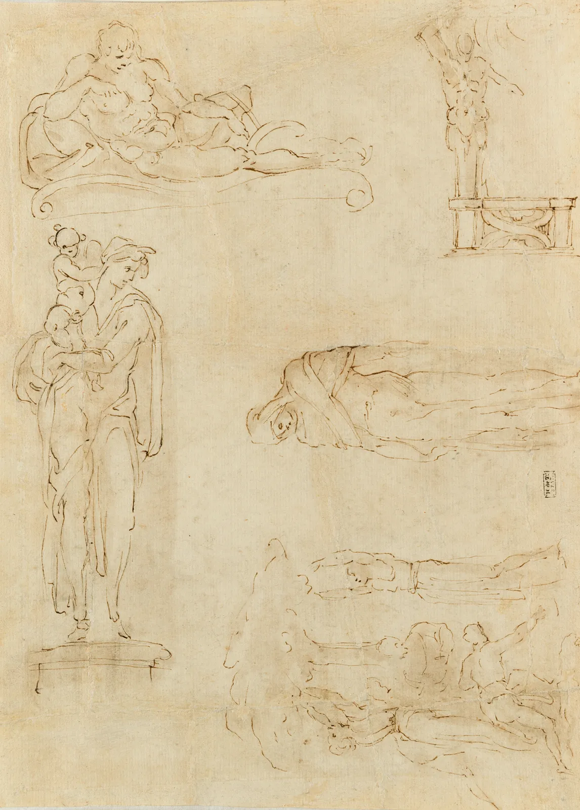 After Michelangelo, possibly by Aristotile da Sangallo (Florence, 1480 - 1551), Double-side Sheet, with copies after designs for sculptural decoration of the projected double-tomb of the "Capitani" and of the unexecuted double-tomb of the magnifici, c. 1520