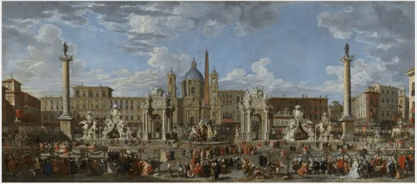 Jacques DUMONT called LE ROMAIN (Paris 1701 - 1781), Preparations for the fireworks display held in Piazza Navona in Rome on November 30, 1729, for the birth of the Dauphin, son of Louis XV, after PANINI, 1732-1735