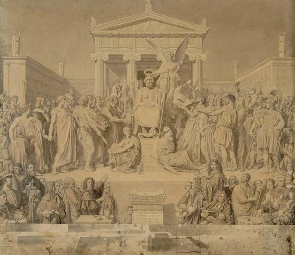 Jean Auguste Dominique INGRES (Montauban 1780 – 1867 Paris), Apelles holding his palette and brushes Late reinterpretation after The Apotheosis of Homer, c. 1860