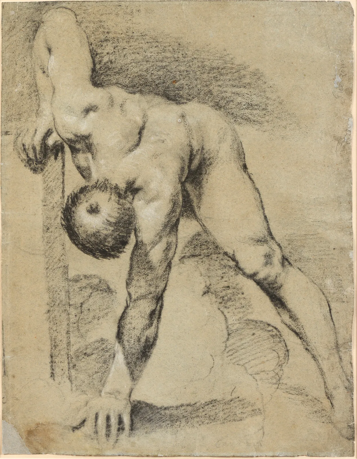 Giovanni Francesco Barbieri, called GUERCINO (Cento 1591 - 1666 Bologna), Leaning Nude Man (recto); Kneeling Man, Hands Tied Behind His Back (verso)
