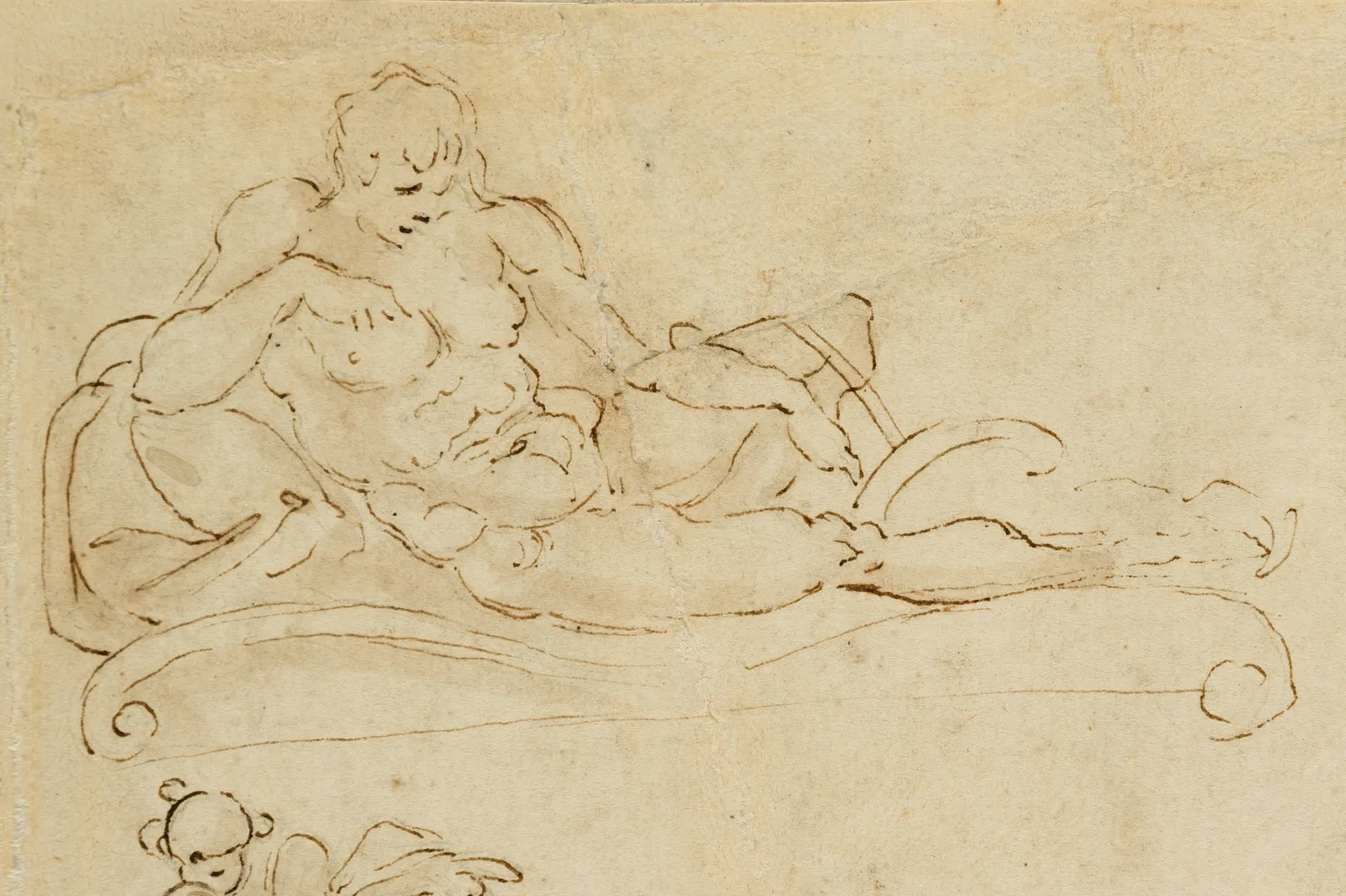 After Michelangelo, possibly by Aristotile da Sangallo (Florence, 1480 - 1551), Double-side Sheet, with copies after designs for sculptural decoration of the projected double-tomb of the "Capitani" and of the unexecuted double-tomb of the magnifici, c. 1520