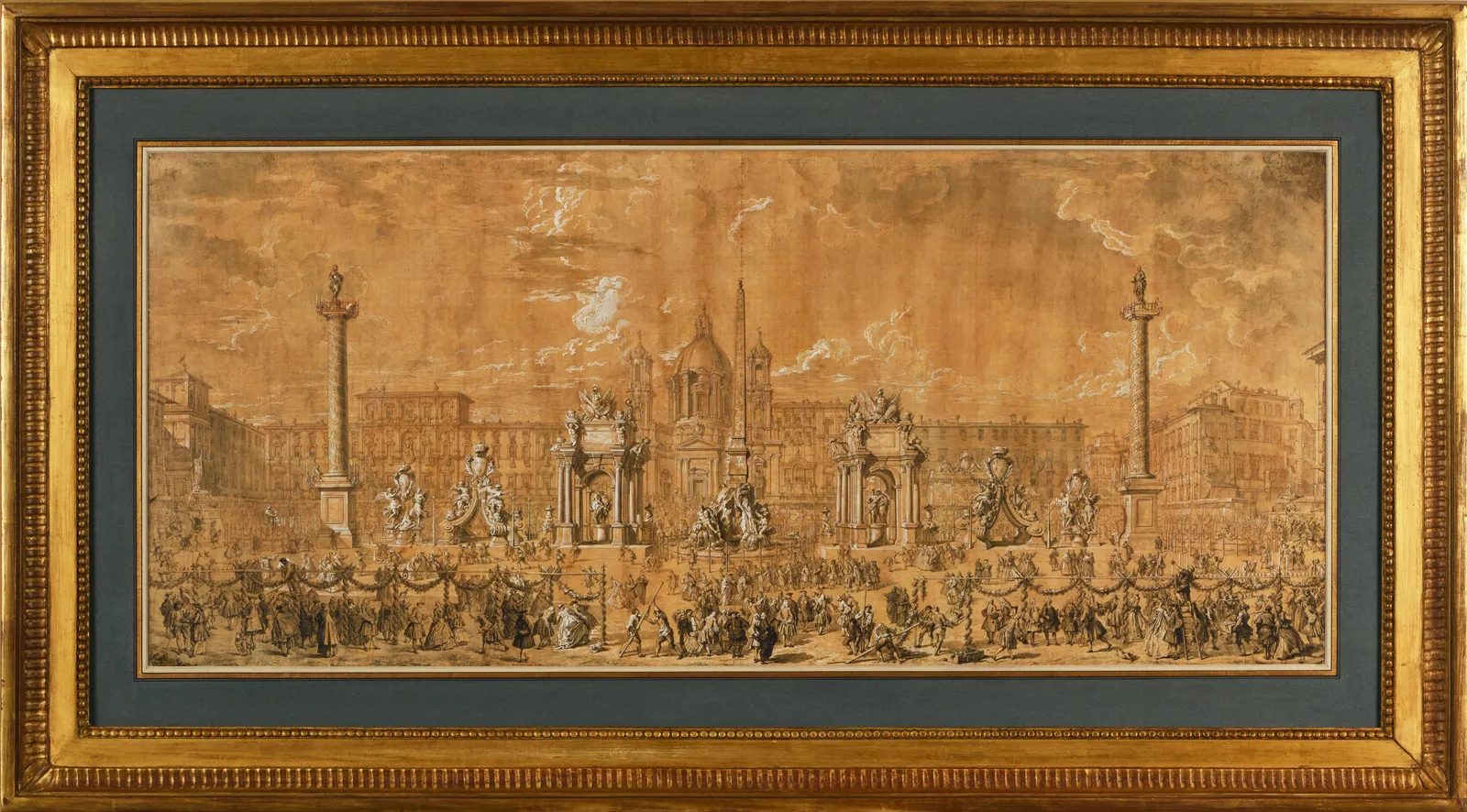 Jacques DUMONT called LE ROMAIN (Paris 1701 - 1781), Preparations for the fireworks display held in Piazza Navona in Rome on November 30, 1729, for the birth of the Dauphin, son of Louis XV, after PANINI, 1732-1735