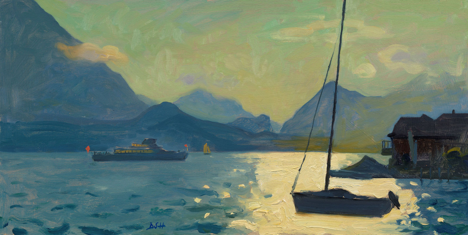 Daisy Sims Hilditch, Golden evening contre jour, steamboat on Lake Thun