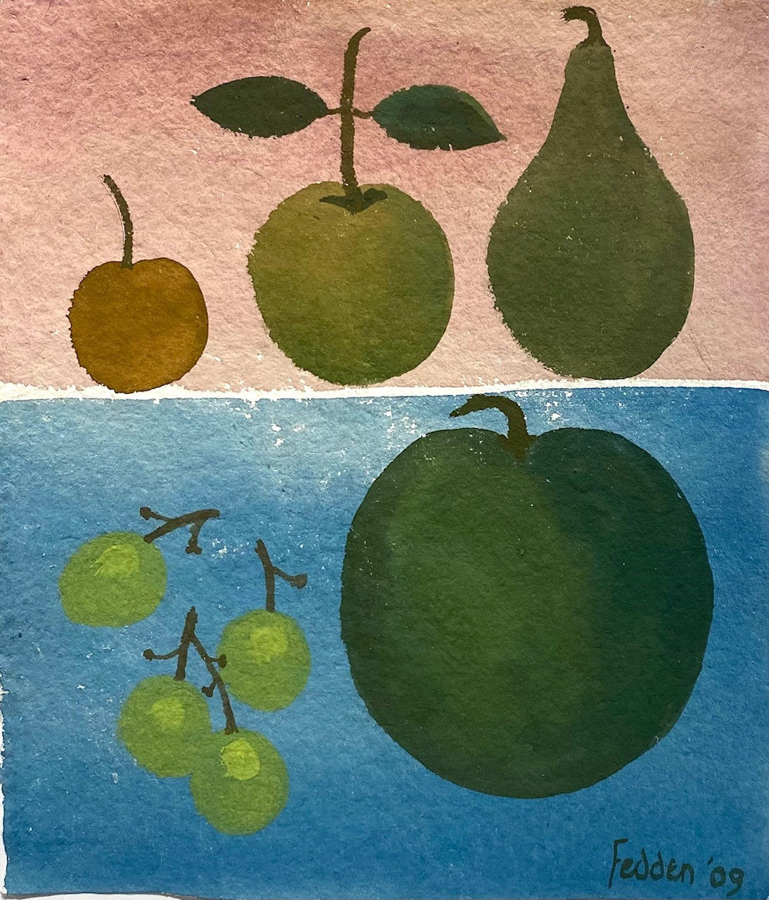 Mary Fedden, Fruit on pink and blue, 2009