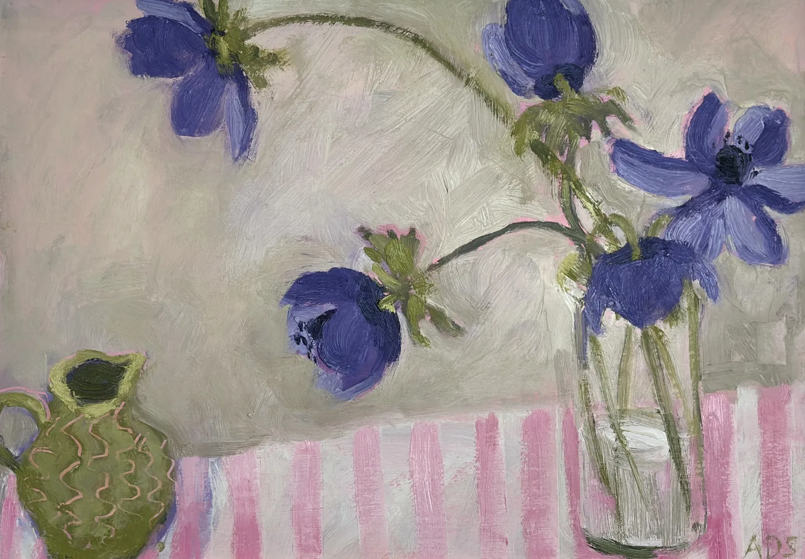 Anna Dixon-Smith, Blue Anemones on Pink Striped Cloth, 2026