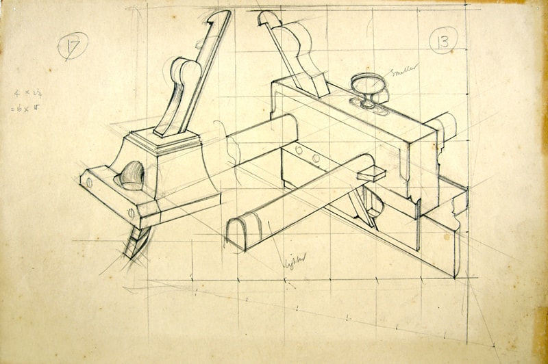 Original drawings for Woodwork in Principle and Practice. Together with: a copy of the printed book by A. Romney Green, illustrated by Eric Gill. Pencil diagram.