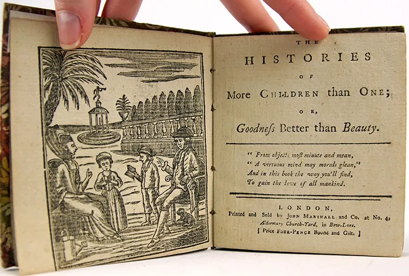 The Histories of More Children than One; or, Goodness Better than Beauty by M.P (a.k.a. Dorothy Kilner). Title page with illustration of four people in a garden.