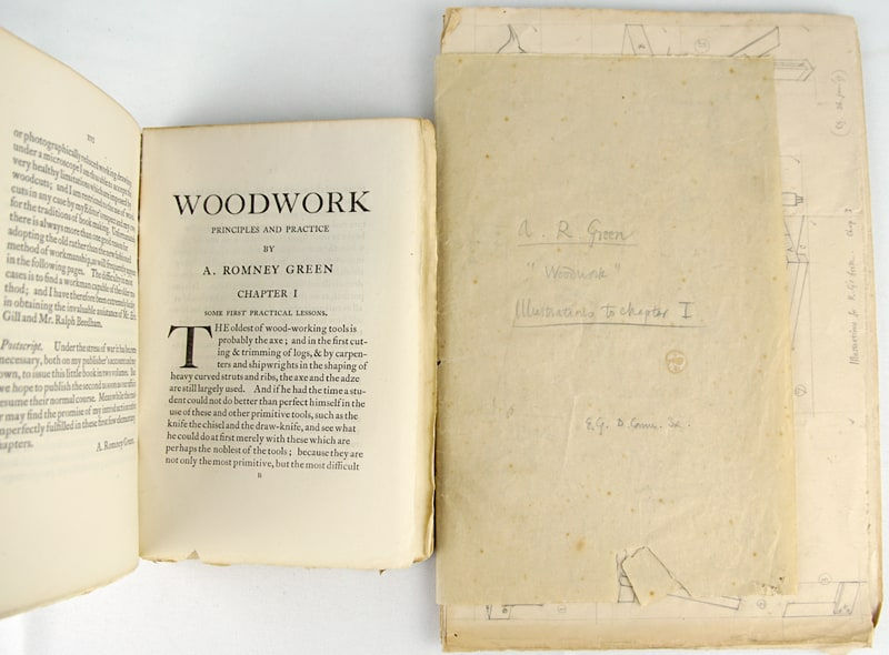 Original drawings for Woodwork in Principle and Practice. Together with: a copy of the printed book by A. Romney Green, illustrated by Eric Gill. Interior page and annotated illustration.