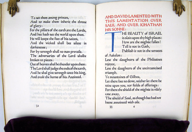 A Book of Songs and Poems from the Old Testament and the Apocrypha illustrated by Graily Hewitt. Interior page with red header and large blue initial T.