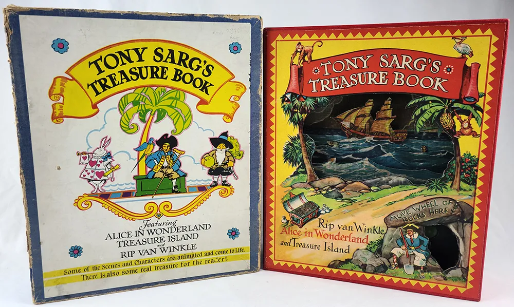 Tony Sarg's Treasure Book. Featuring Alice in Wonderland, Treasure Island, and Rip Van Winkle. Box and book