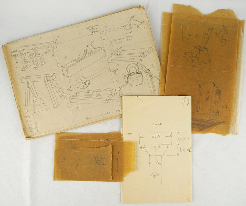 Original drawings for Woodwork in Principle and Practice. Together with: a copy of the printed book by A. Romney Green, illustrated by Eric Gill. Pencil diagrams.