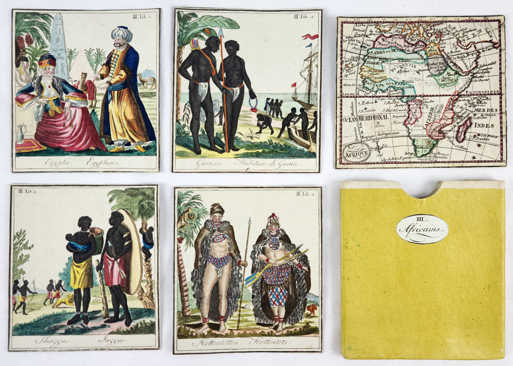 Jeu de voyages dans les cinq parties du monde. Cards and envelope