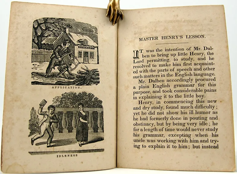 Master Henry's Lesson; The Visitors; and Hay Making. Interior page with woodcuts.