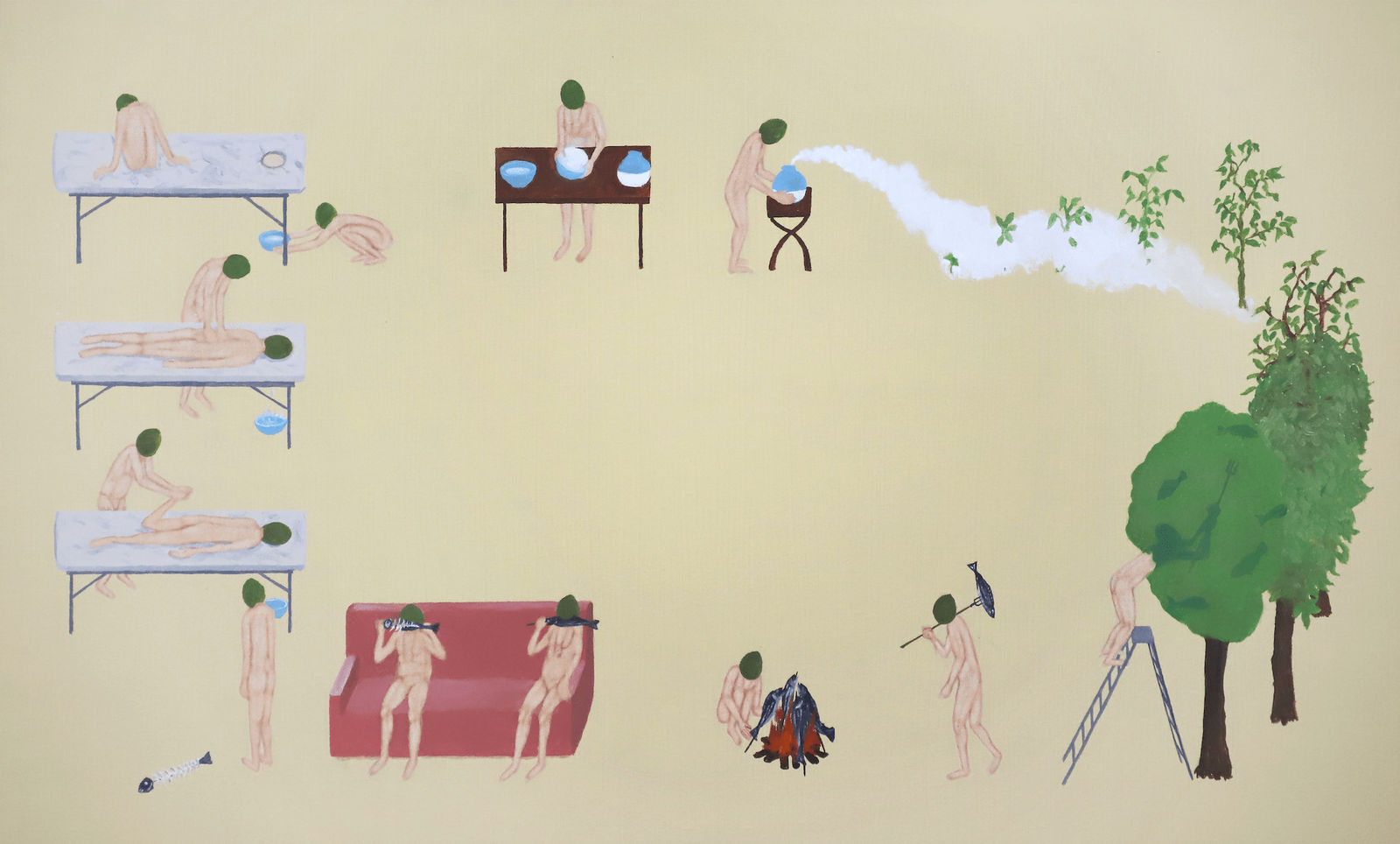 Akira Ikezoe, Coconut Heads Investigating the Relationship Between Chinese Massage and Fish Farming, 2020