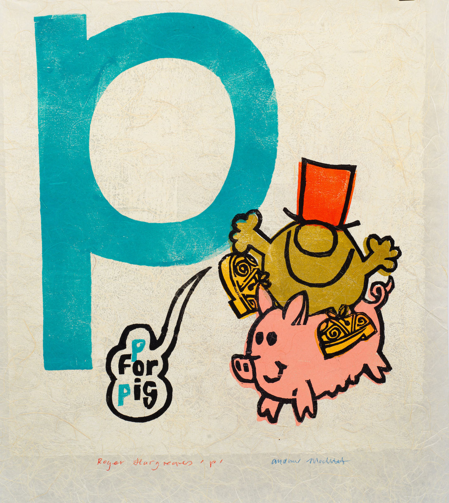 light blue pop art print of the letter p featuring a Mr. Men cartoon character by British artist Andrew Mockett represented by Rebecca Hossack Art Gallery.