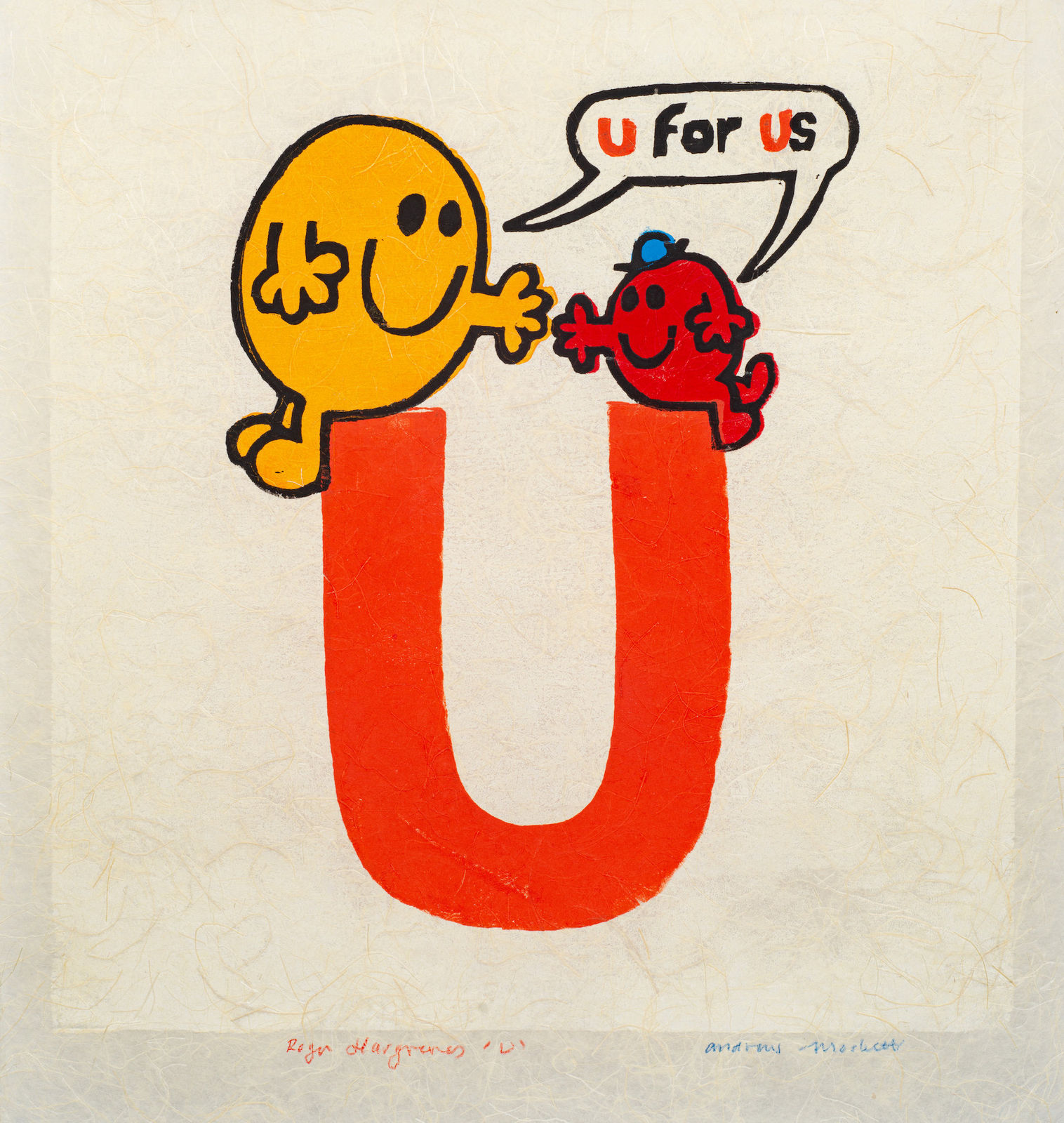Orange pop art print of the letter U featuring two Mr. Men cartoon characters by British artist Andrew Mockett represented by Rebecca Hossack Art Gallery.