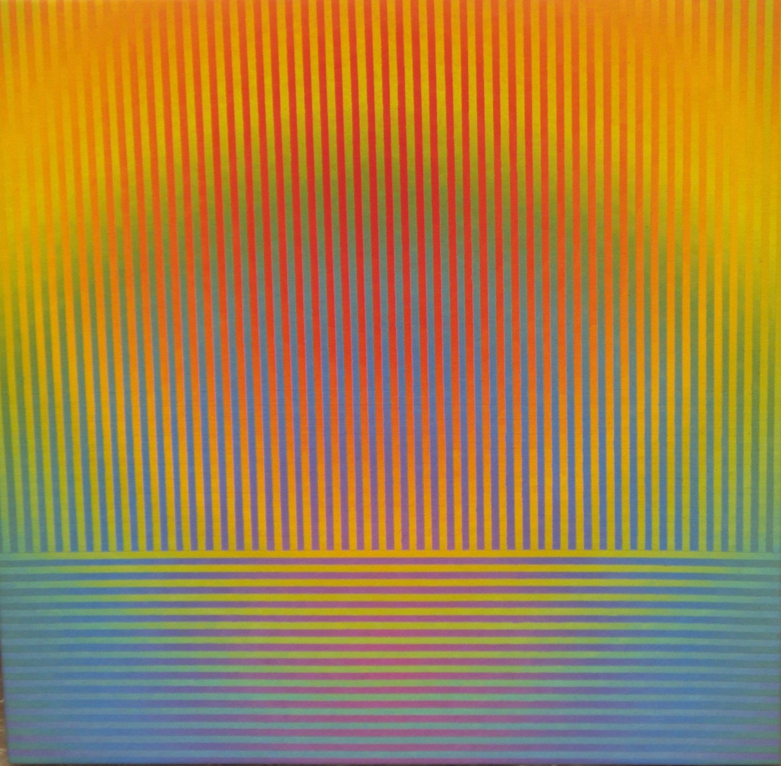 Multi-colour abstract oil painting by David Whitaker, represented by Rebecca Hossack Art Gallery, featuring a bright rainbow palette.