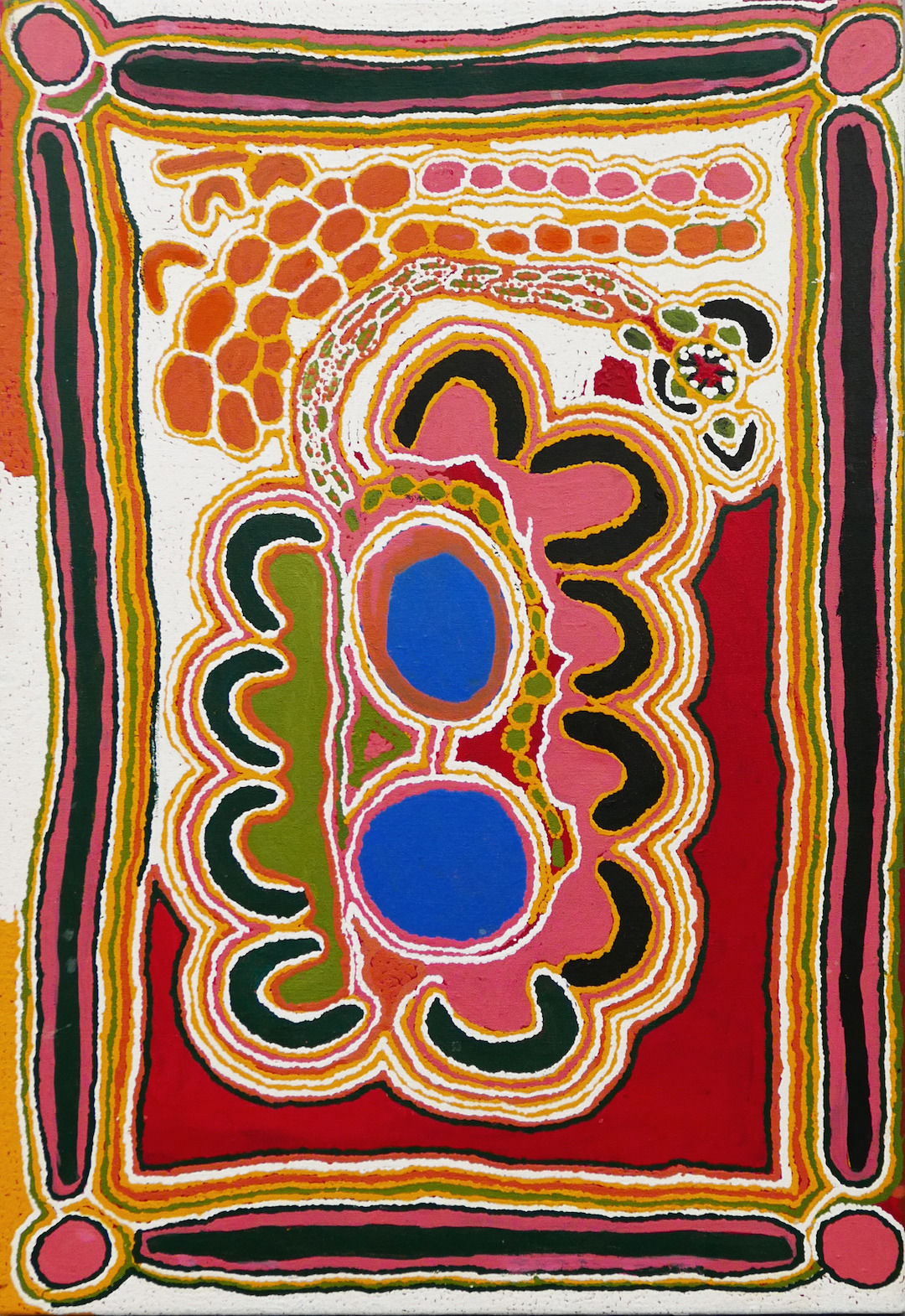 Muntja Mosquito, synthetic polymer paint on canvas, Balgo Hills, Aboriginal artist and artwork.