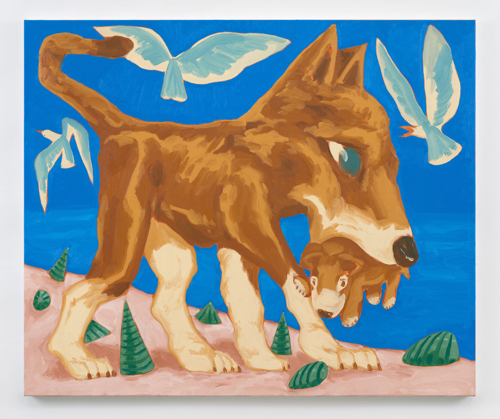 A painting of a brown dog carrying another dog in mouth on a blue background with white birds by contemporary artist David Surman.