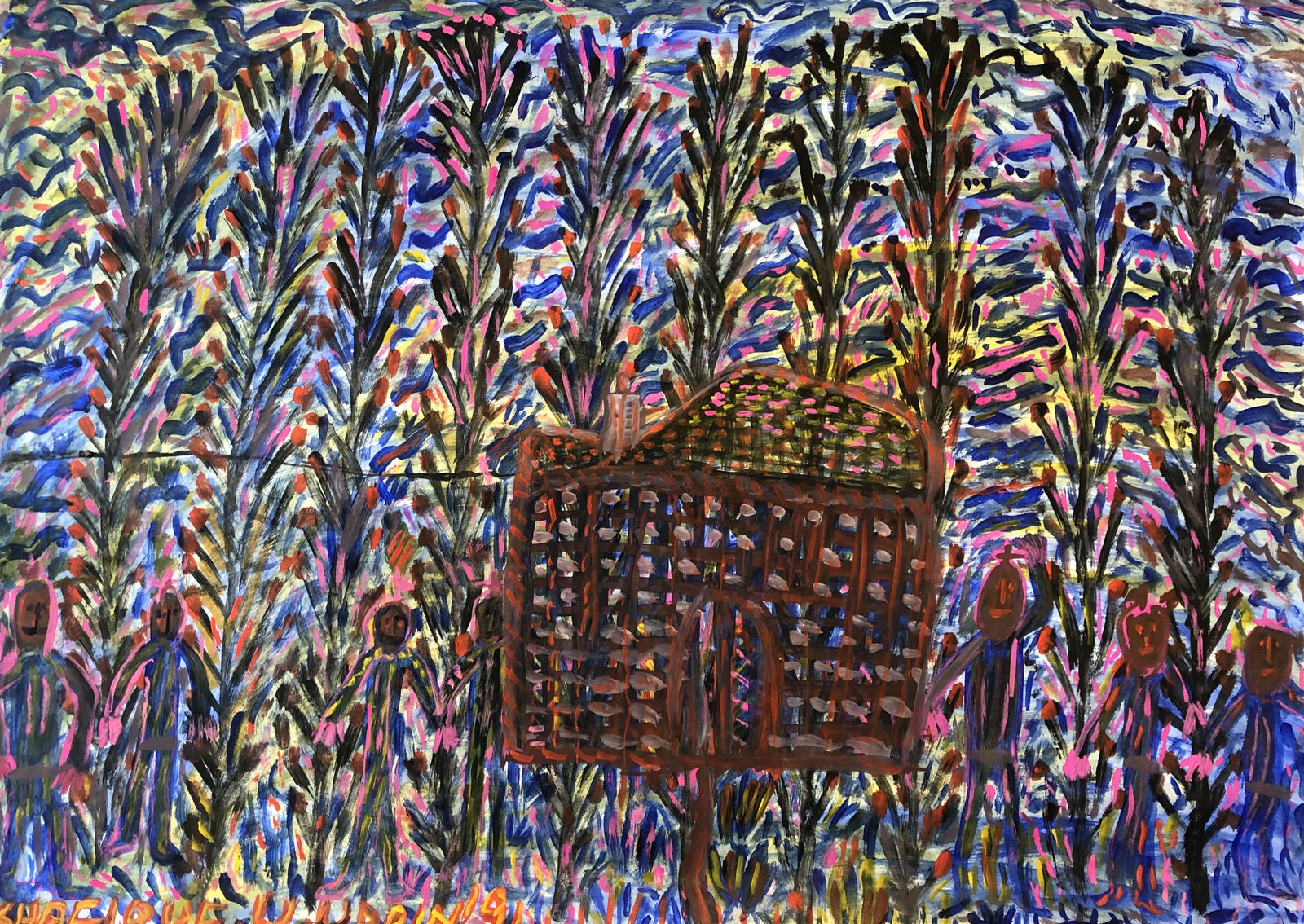 Uddin’s paintings – done in gouache on paper – shimmer with expressive colour. Their characteristic short, dynamic brushstrokes impart a compelling energy to each scene