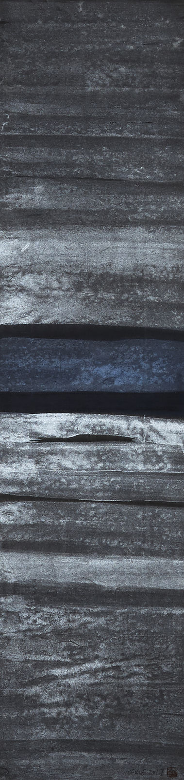 Ye Xue grey black and blue artwork in ink horizontal lines