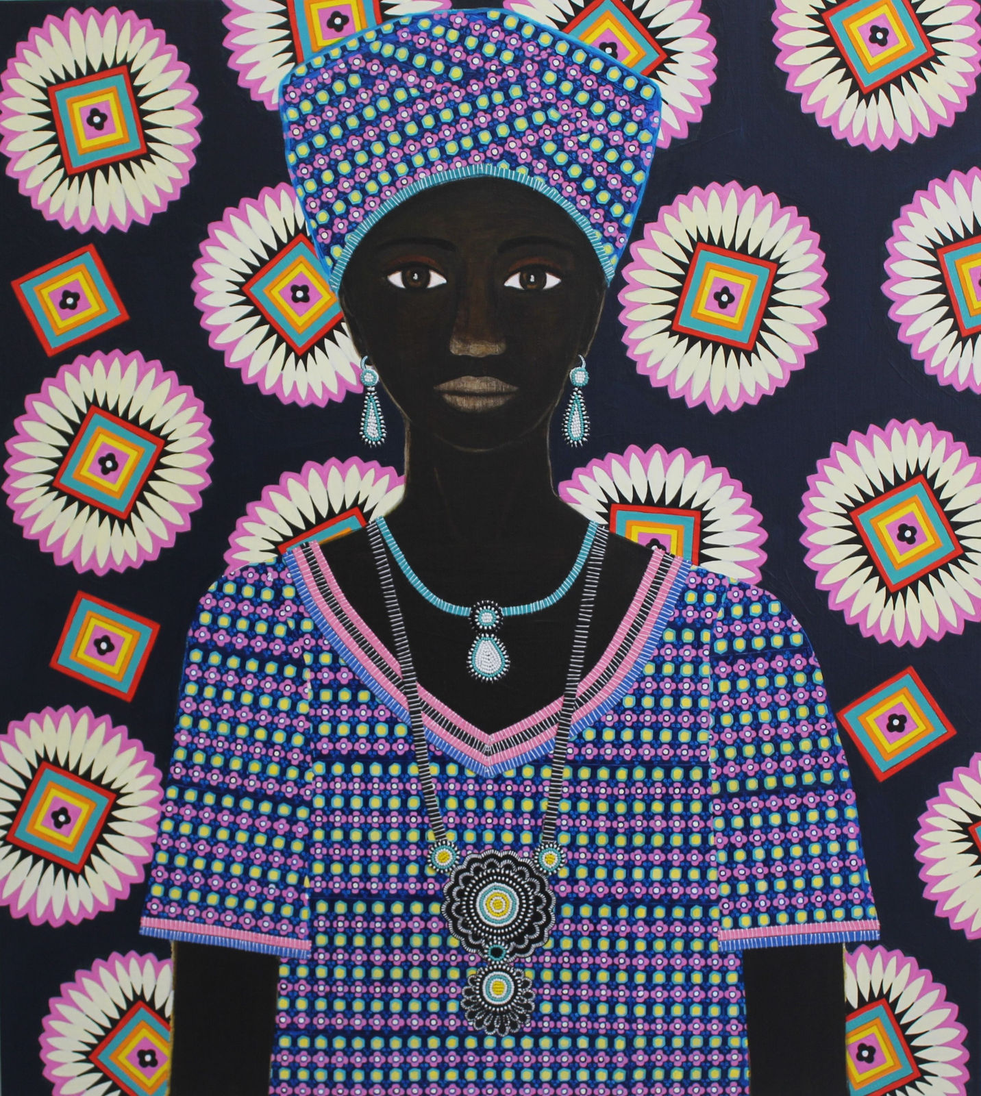 dark blue mixed media work with light flowers by Carla Kranendonk. Represented by Rebecca Hossack Gallery