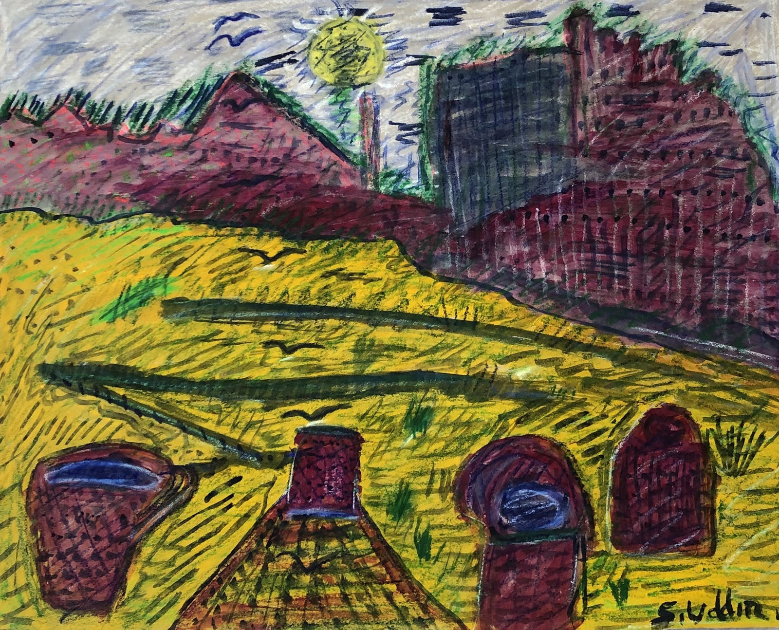 Uddin’s paintings – done in gouache on paper – shimmer with expressive colour. Their characteristic short, dynamic brushstrokes impart a compelling energy to each scene