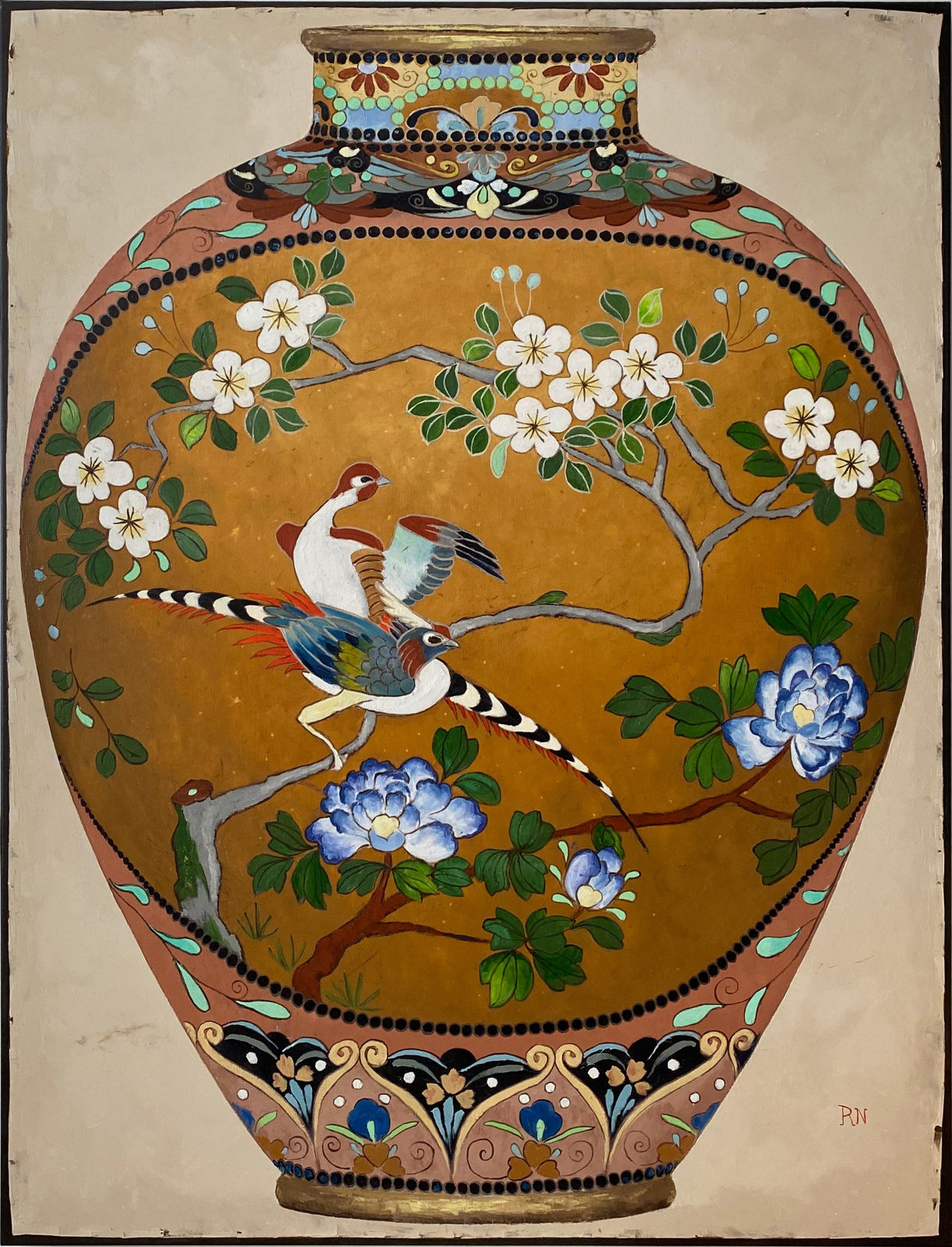 Richard Nott, 19th C Cloisonne Vase with Game Birds, 2022