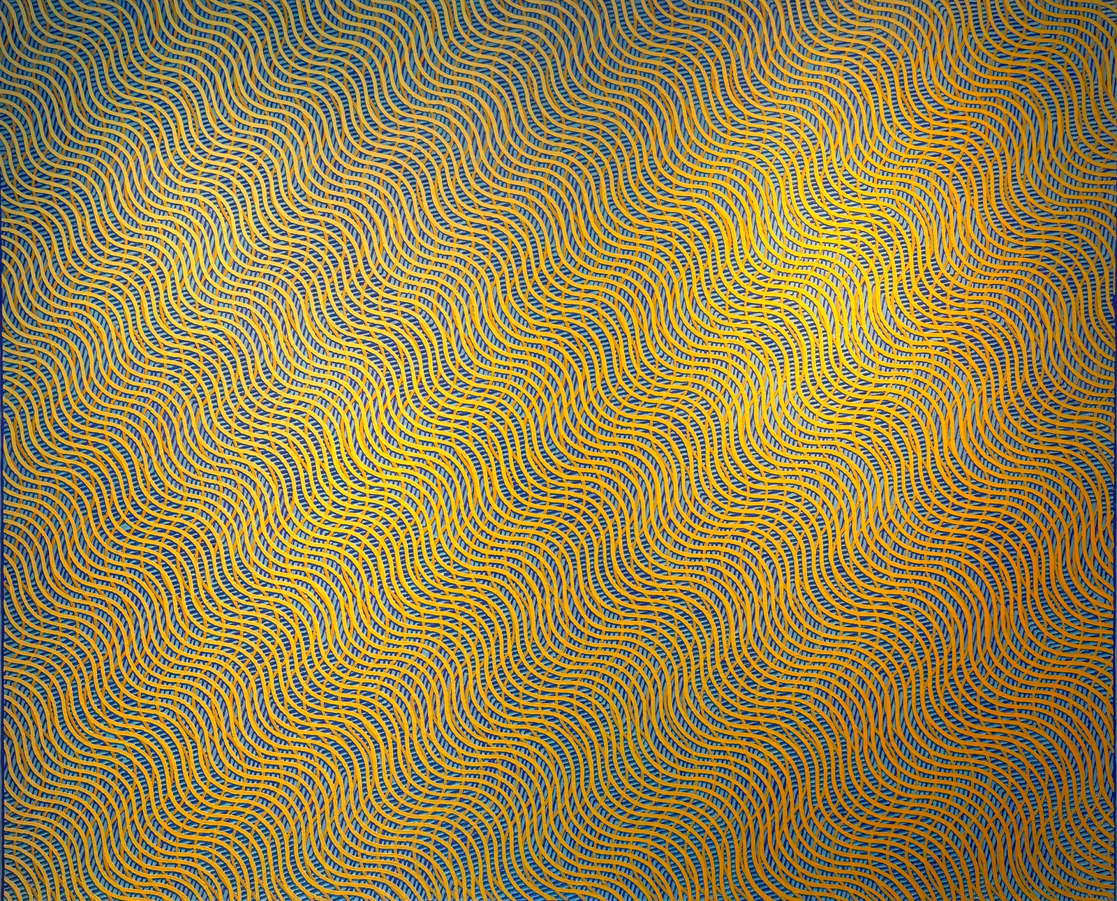 Blue and yellow abstract oil painting titled August by British artist David Whitaker, represented by the Rebecca Hossack Art Gallery. The work uses string to create a precise linear effect.
