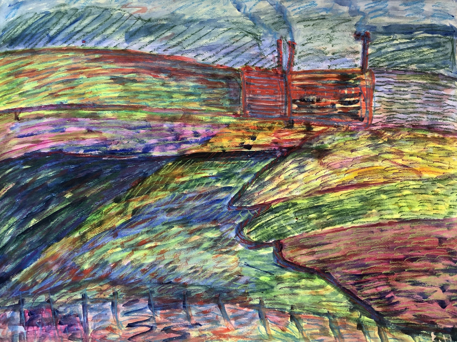 Uddin’s paintings – done in gouache on paper – shimmer with expressive colour. Their characteristic short, dynamic brushstrokes impart a compelling energy to each scene