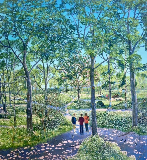 Oil on canvas painting of a spring scene showing people walking along a path with green trees and grass by British painter Emma Haworth represented by Rebecca Hossack Art Gallery.
