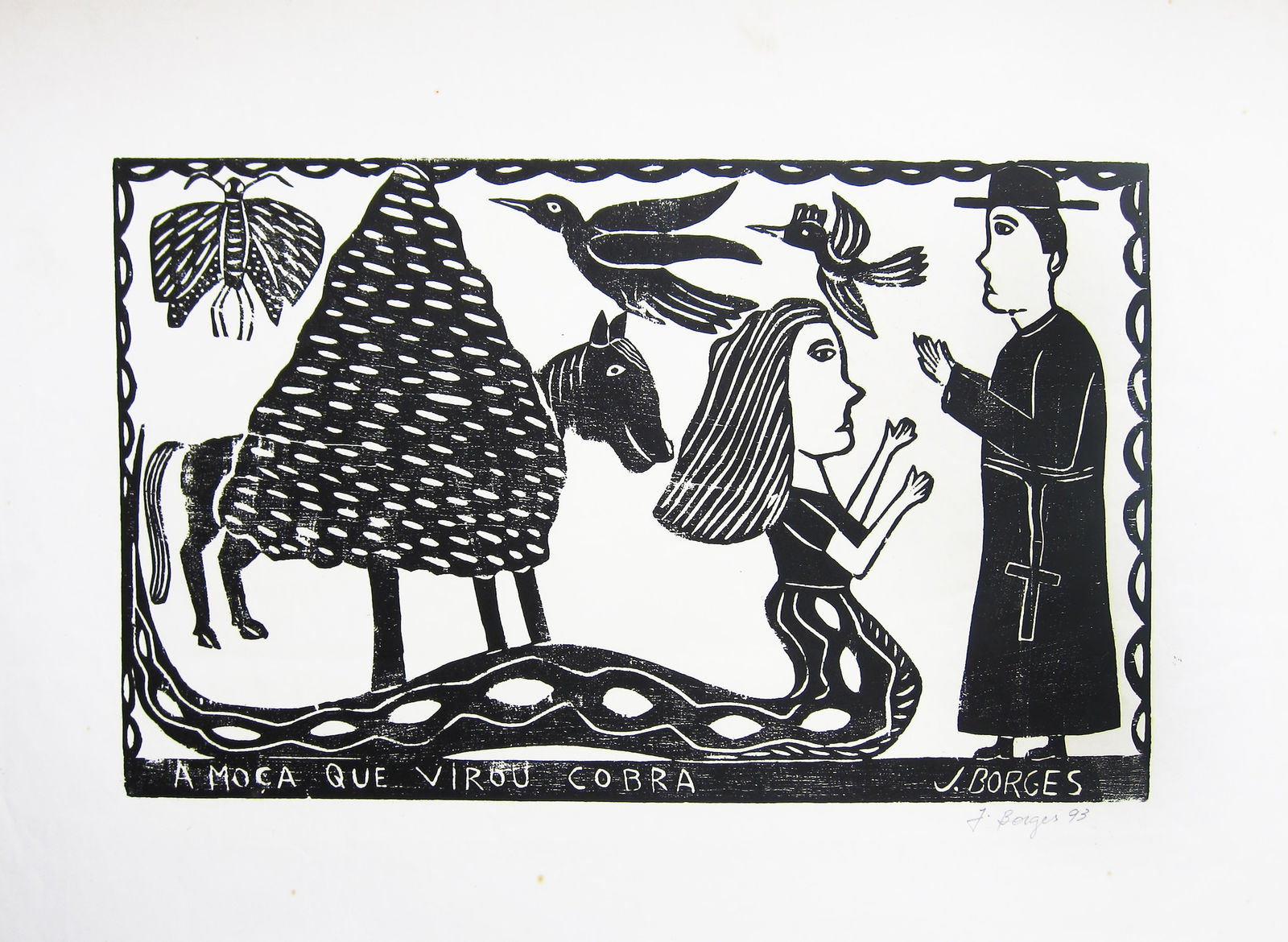 Black and white Girl turned Cobra woodcut on paper by José Borges. Represented by Rebecca Hossack Gallery.