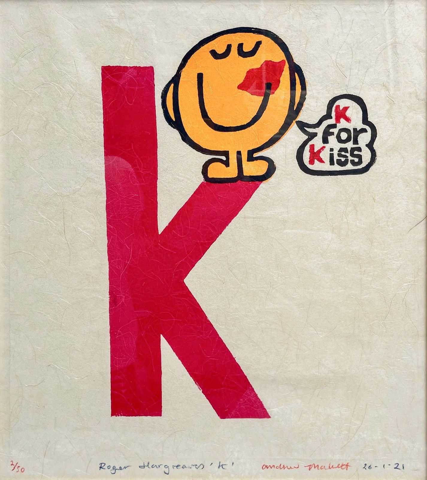 Red pop art print of the letter k featuring a Mr. Men cartoon character by British artist Andrew Mockett represented by Rebecca Hossack Art Gallery.