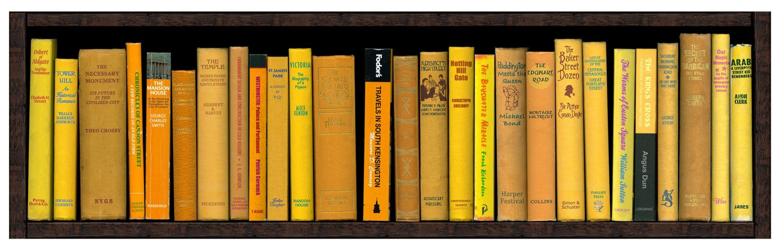 Print of a yellow bookshelf displaying the names of stations on Circle line of the London Underground by acclaimed British artist Phil Shaw represented by Rebecca Hossack Art Gallery.