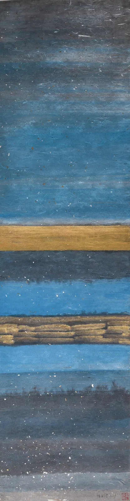 Ye Xue Chinese ink and gold acrylic pigment artwork in blue and yellow